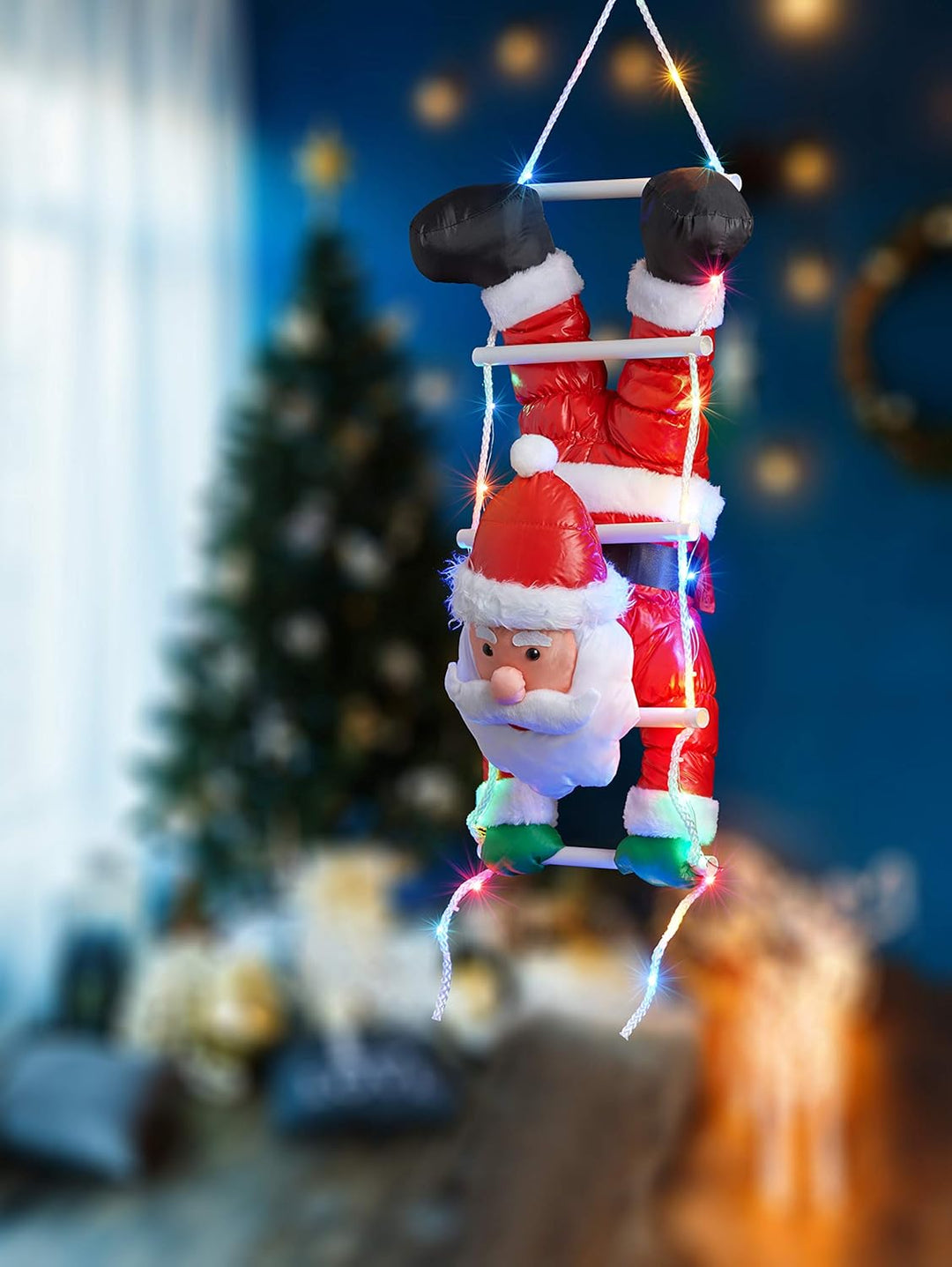 Bonetti Weihnachtsmann kopfüber auf Strickleiter, die Leiter ist mit 30 bunten LEDs beleuchtet, klet