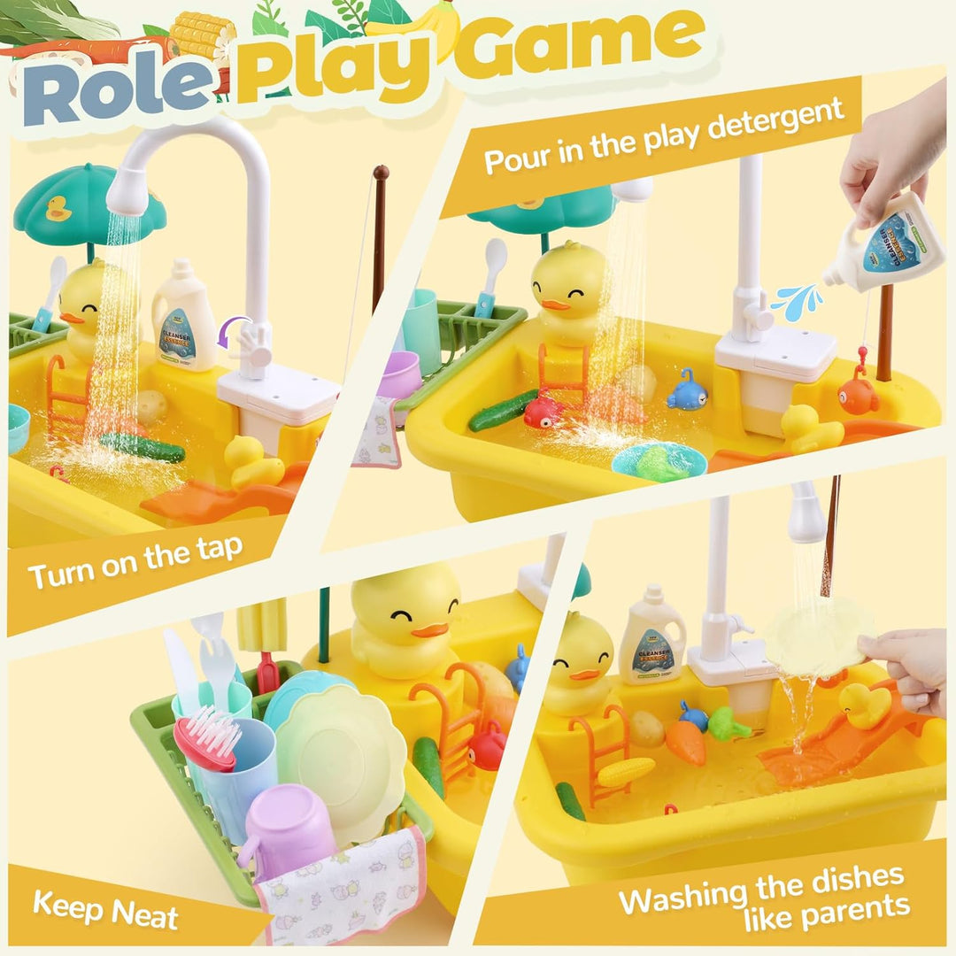 FRUSE Küchenspüle Spielzeug Set,Kinderwaschbecken mit Elektrischen Wasserhahn,Kinder Küchenset, Ange