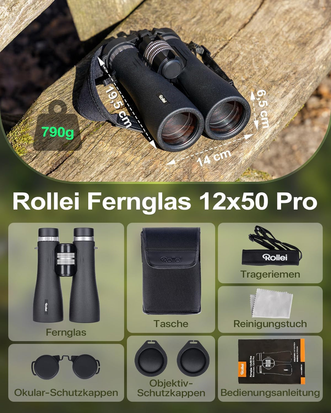 Rollei Fernglas 12x50 Pro Binoculars für Erwachsene Brillenträger mit 12X Vergrösserung & FMC-Linsen