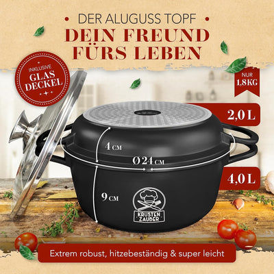 KRUSTENZAUBER 24cm Aluguss Bräter mit Deckel backofengeeignet [inkl. Glasdeckel] - 4L Aluminium Schm