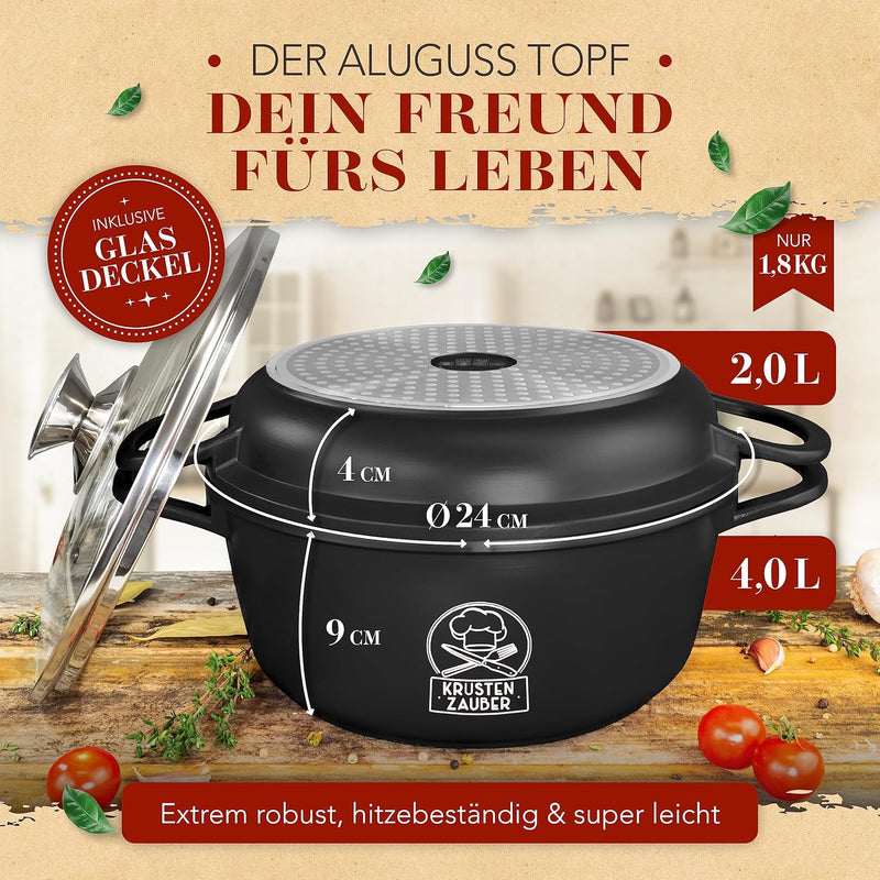 KRUSTENZAUBER 24cm Aluguss Bräter mit Deckel backofengeeignet [inkl. Glasdeckel] - 4L Aluminium Schm