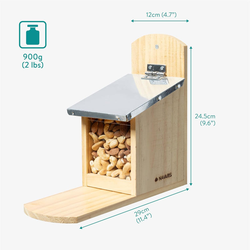 Navaris Eichhörnchen Futterhaus wetterfest aus Holz und Metall - Futterkasten Futterautomat für Gart