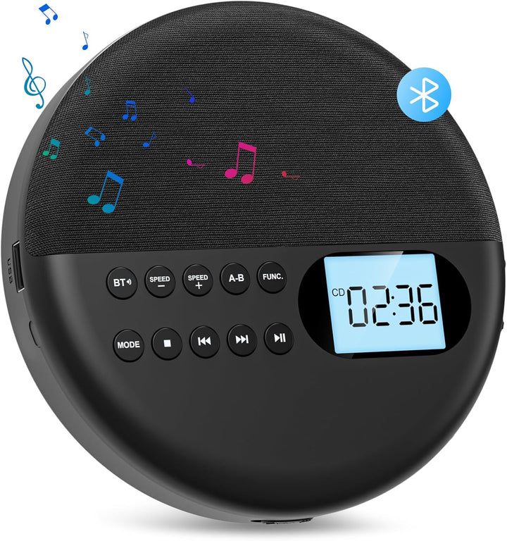 Gueray CD Player Tragbar mit Bluetooth Tragbarer CD Player mit Lautsprecher Integrierte 1500mAh Akku