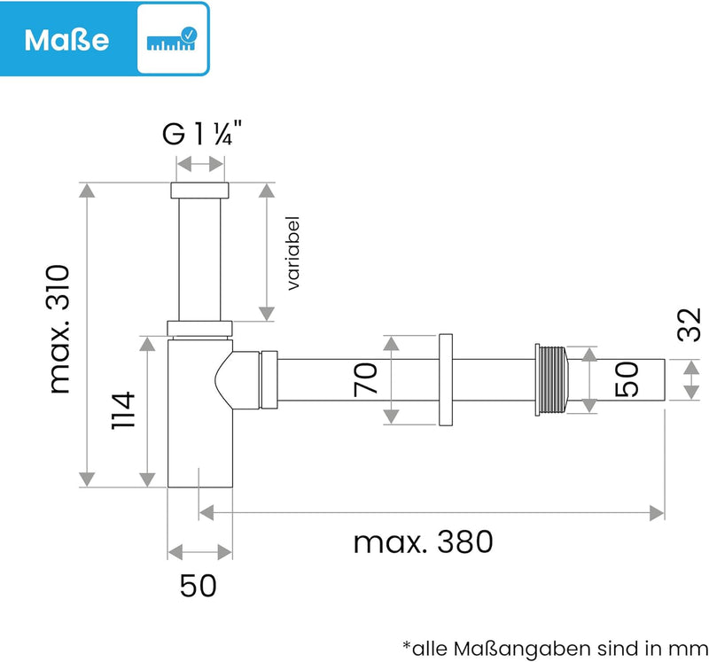 Bächlein Design Siphon Universal für Waschbecken & Waschtisch - Abflussgarnitur passgenau - Geruchsv