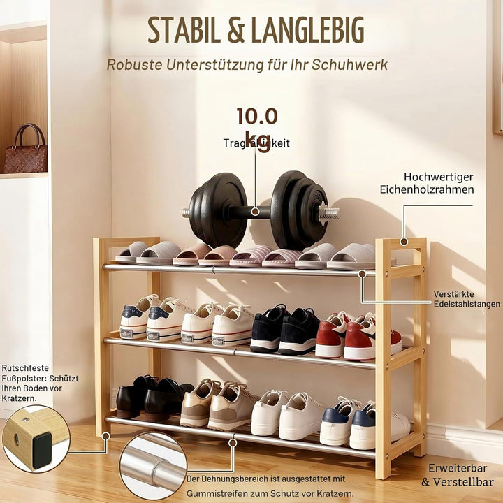 LEMIKKLE Schuhregal Holz Eiche 3-stöckig, Erweiterbar Mit Edelstahl-Elementen, Ideal Für Enge Räume,
