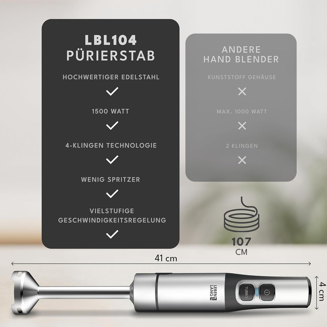 LEBENLANG 1200W Stabmixer Edelstahl - Inkl. 800ml Messbecher & Spritzschutz I Stufenlos verstellbar