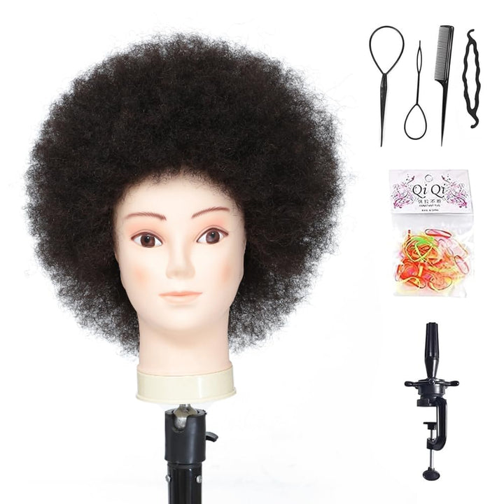 Training Head African American with 100% Human Hair Mannequin Head Cosmetology Afro Hair Manikin Hea