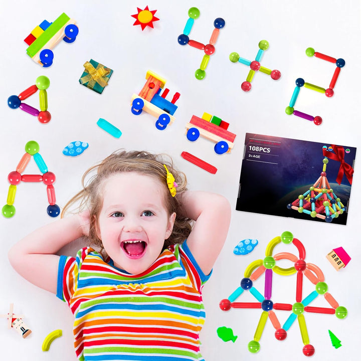108 Pcs Magnetische Bausteine Spielzeug, 3D Konstruktions Spielzeug, Magnetspielzeug für Kinder, Päd