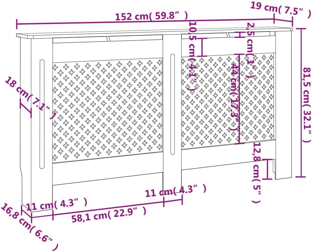 Wohnzimmer Heizkörperabdeckung 152x19x81.5 cm MDF Heizkörper Verkleidung Abdeckung Dekorative Wabenm
