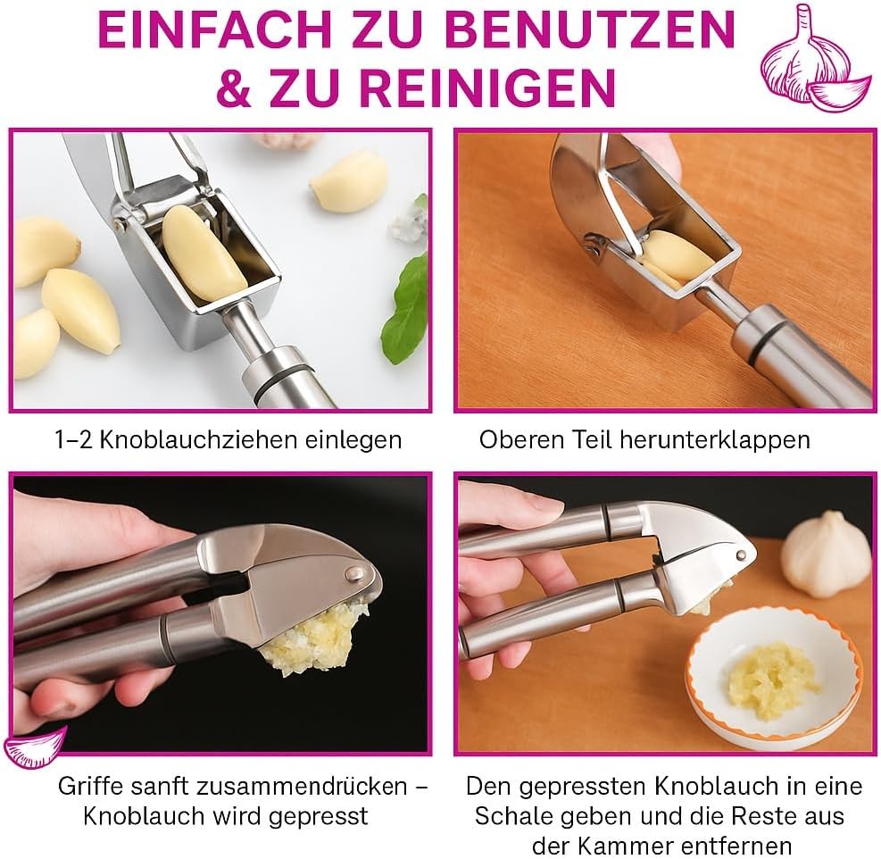 Manuelle Knoblauchpresse aus Edelstahl – Profi Küchenhelfer zum schnellen Schälen & Zerkleinern von