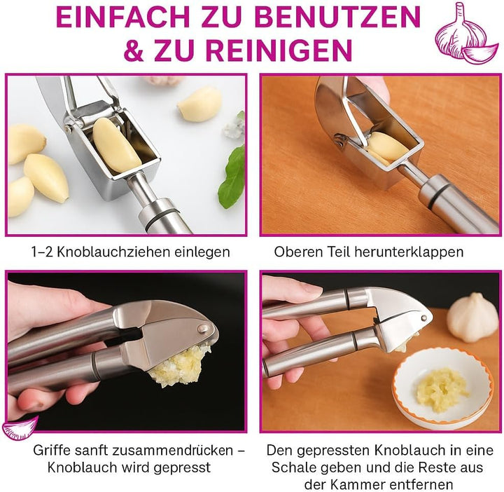 Manuelle Knoblauchpresse aus Edelstahl – Profi Küchenhelfer zum schnellen Schälen & Zerkleinern von