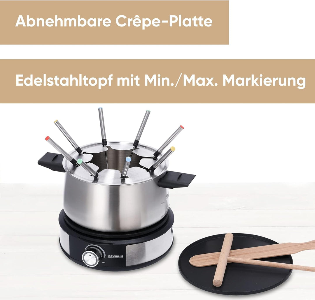 SEVERIN Fondue-Crêpes-Kombination, spülmaschinengeeignetes Fondueset mit 8 farblich markierten Gabel