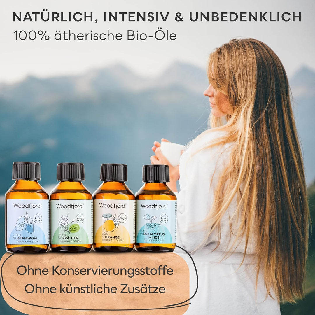 WOODFJORD Saunaaufguss Set BIO Harmonie I 4 verschiedene Saunadüfte und -Öle, je 100 ml I Premium Sa