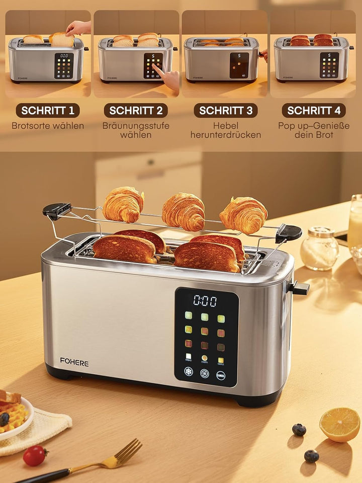 Toaster 4 Scheiben, Langschlitz Toaster, 1400W Edelstahl Toaster, 9 Farbeinstellungen und 3 Brotsort