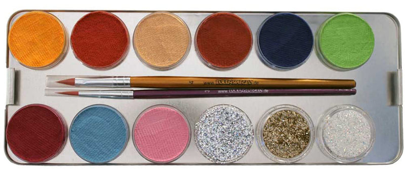 Eulenspiegel 224205 - Profi-Aqua Schminke, 21 Farben, 3 Glitzer, 3 Profi-Pinsel, Metall-Palette Sing