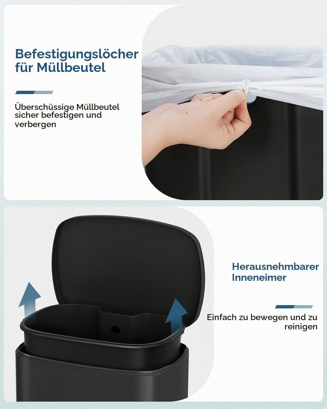 Clevich Mülleimer Set 50L + 5L, Treteimer für Küche und Bad, grosser 50L Abfalleimer, kleiner 5L Kos