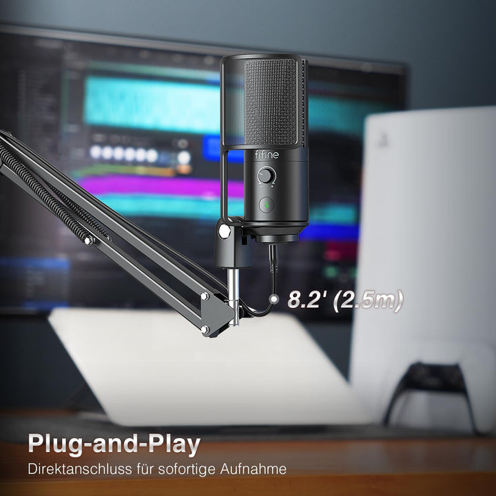FIFINE USB Microphone Kit with Mute Button, Podcast Microphone with Boom Arm Stand for PC Computer,