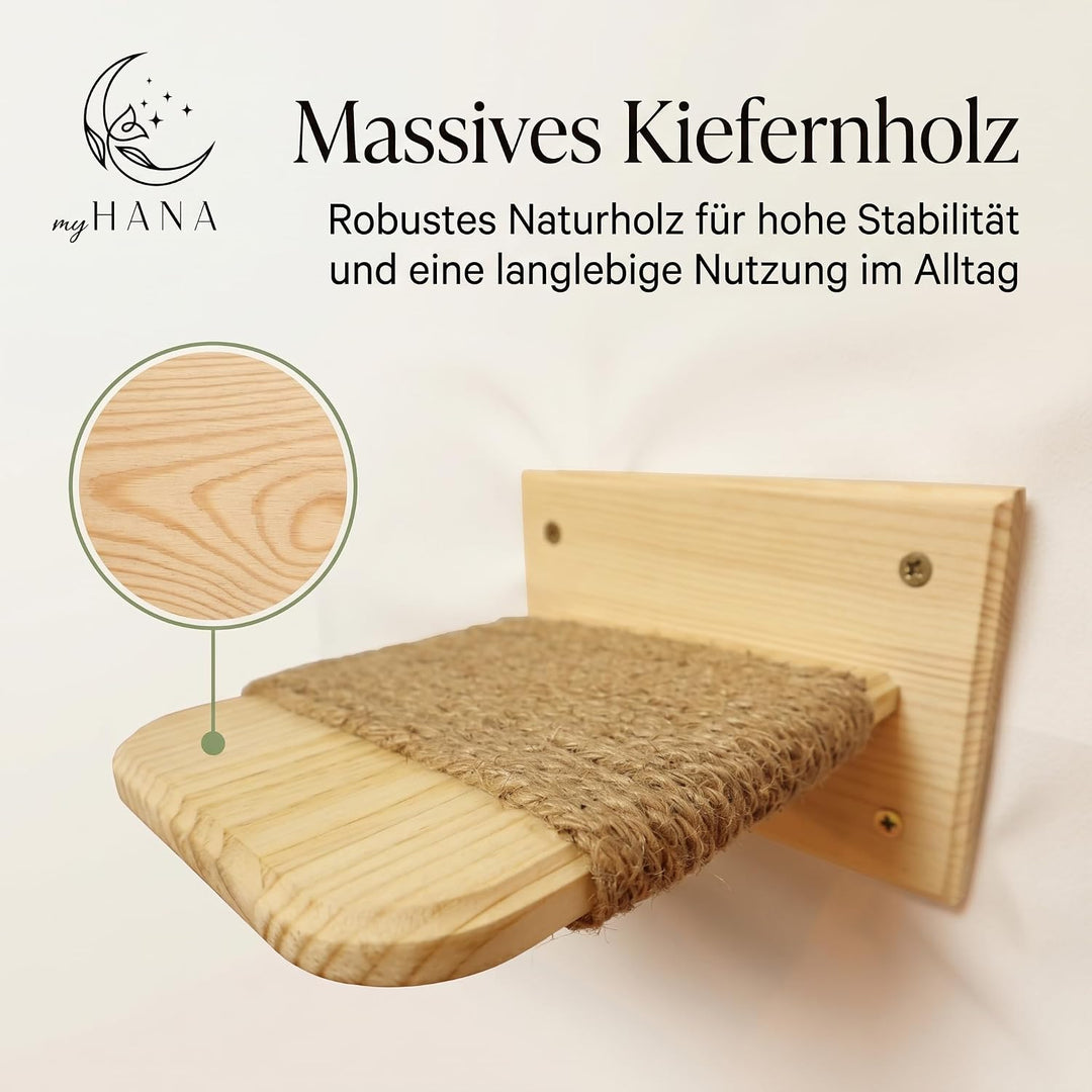 Katzen Wandtreppe aus Massivholz – 3er Set Kletterstufen für Katzen mit Juteseil – Katze Wandmöbel a