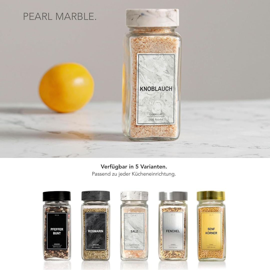 Greeano Mamor Weiss Gewürzgläser Set [24 x 120ml] mit 300 Gewürzetiketten [DE] - Gewürzgläser eckig