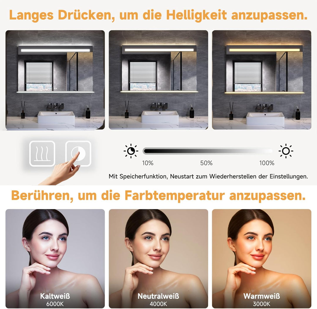LED Badspiegel, 1200x750 mm, mit Ablage aus gehärtetem Glas, 3 Farbtemperaturen+Antibeschlag+Touch-S