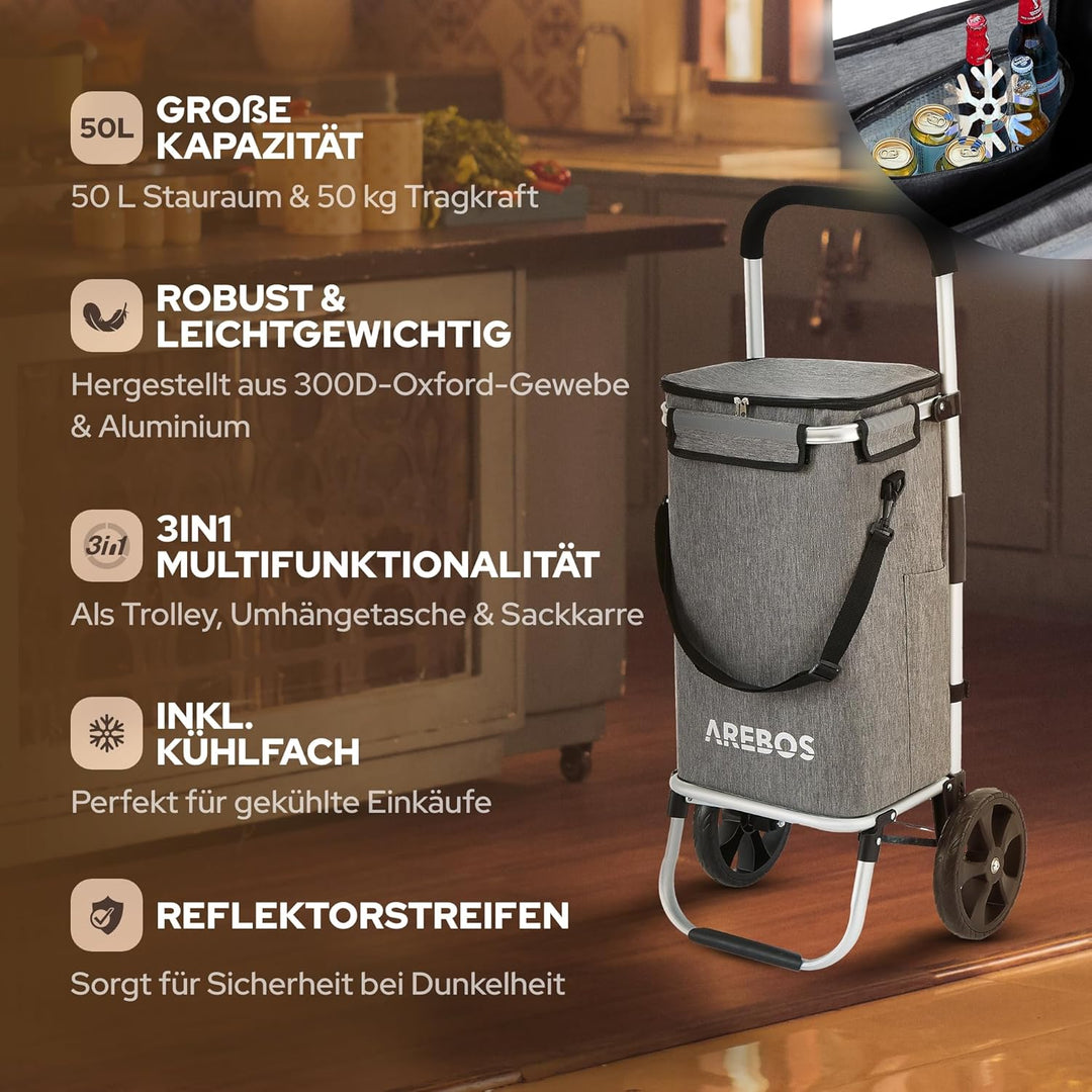 Arebos 3in1 Einkaufstrolley | Trolley gross 56 Liter | Einkaufswagen mit Kühlfach | Einkaufstasche m