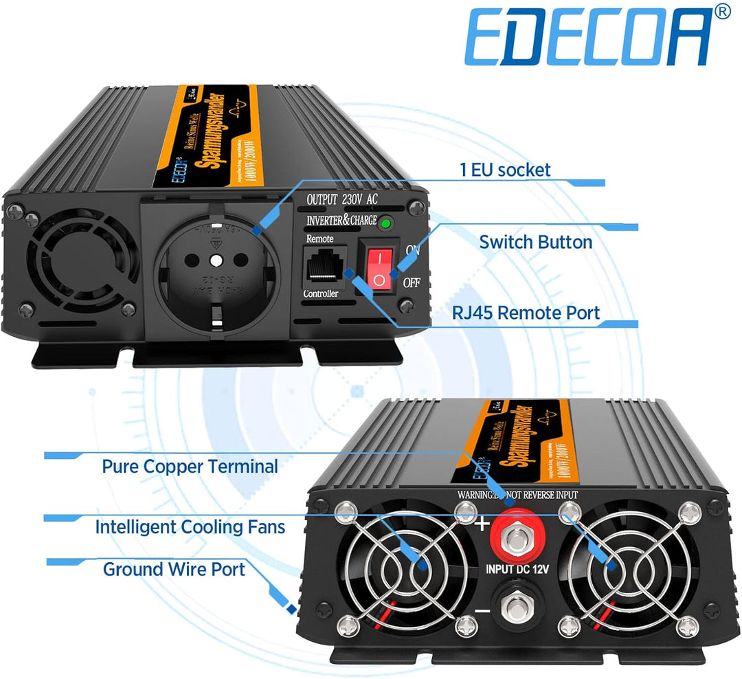 EDECOA Wechselrichter Reiner Sinus 12v 230v Spannungswandler 1000w 2X USB und Fernbedienung Auto wec
