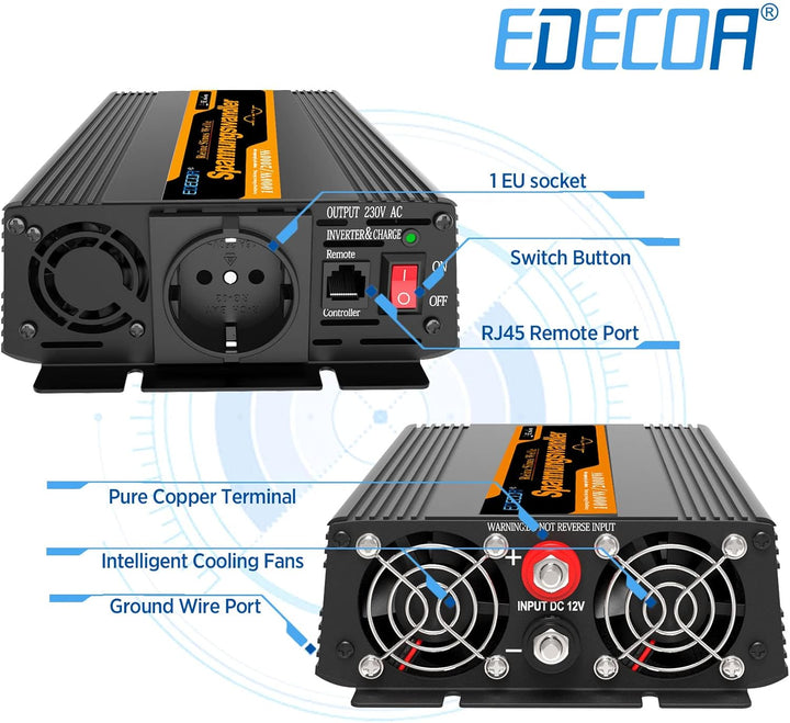 EDECOA Wechselrichter Reiner Sinus 12v 230v Spannungswandler 1000w 2X USB und Fernbedienung Auto wec