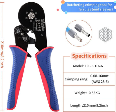 Aderendhülsen-Crimpwerkzeug-Set, selbsteinstellende Sechskant-Draht-Crimpzange für 0,08–16 mm² mit 1