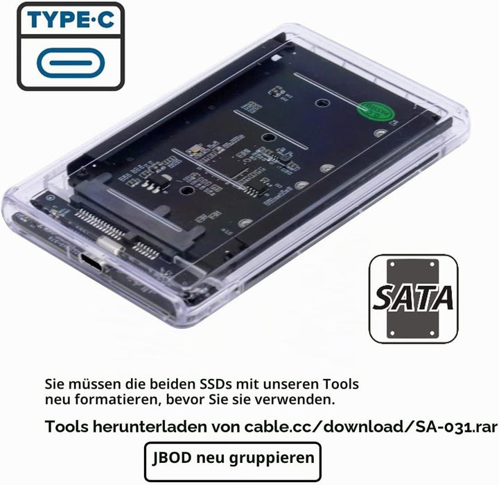 NFHK Dual MSATA Mini-SATA SSD Karte JOBD Raid0 Span-Bridge auf USB 3.0 Type-C USB-C 2,5 Zoll SATA Co