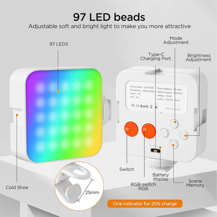 Romon Video Licht RGB, Selfie Licht 97 LED Videolicht, 3000K-6500K mit Inbegriffen Cold Shoe, CRI 95