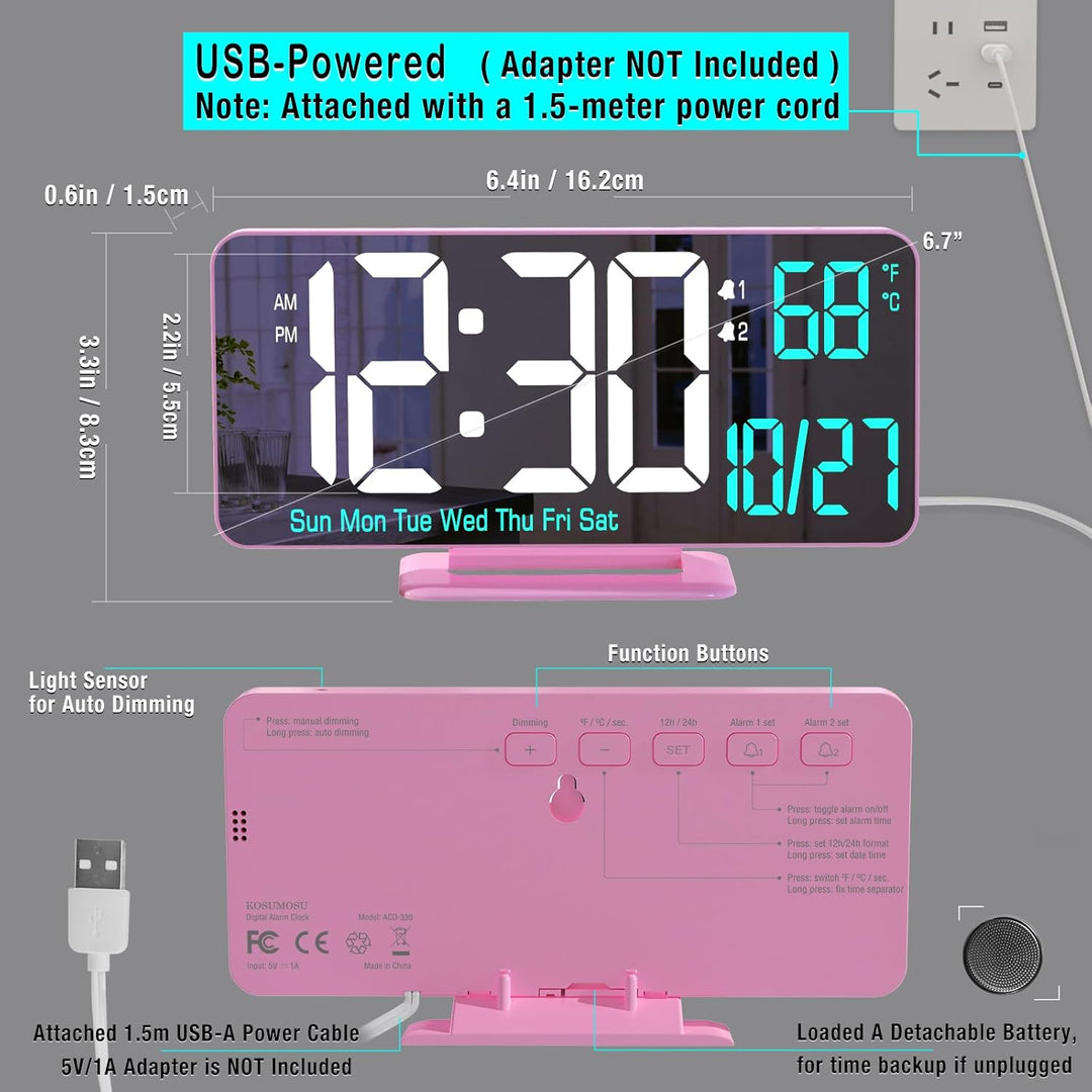 KOSUMOSU Rosa Digitaluhr für Schlafzimmer, 17 cm, Dual-Wecker mit Dimmung, 12/24 Stunden, Sekunden,