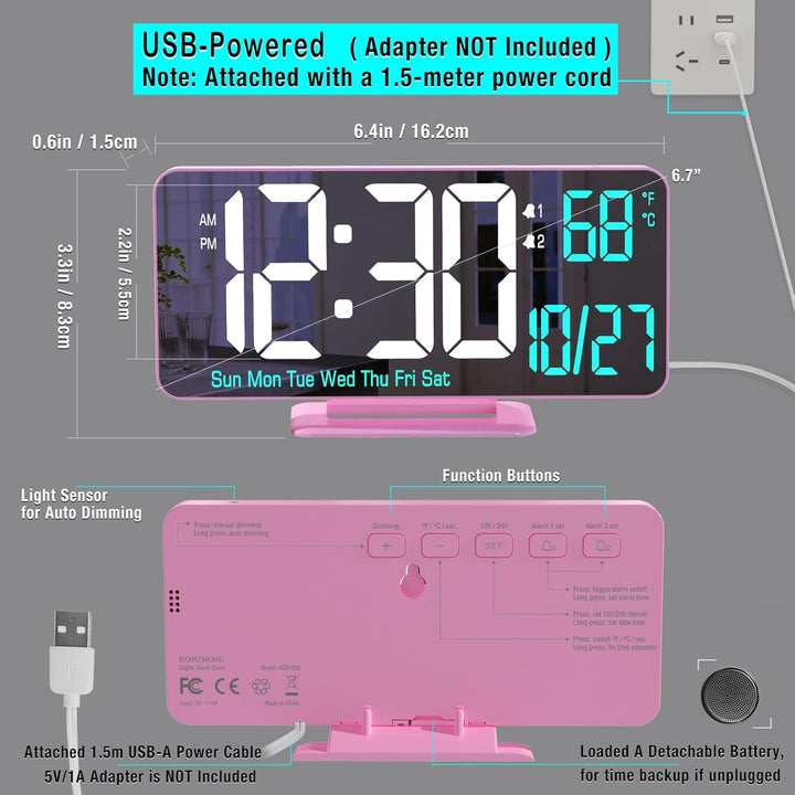 KOSUMOSU Rosa Digitaluhr für Schlafzimmer, 17 cm, Dual-Wecker mit Dimmung, 12/24 Stunden, Sekunden,