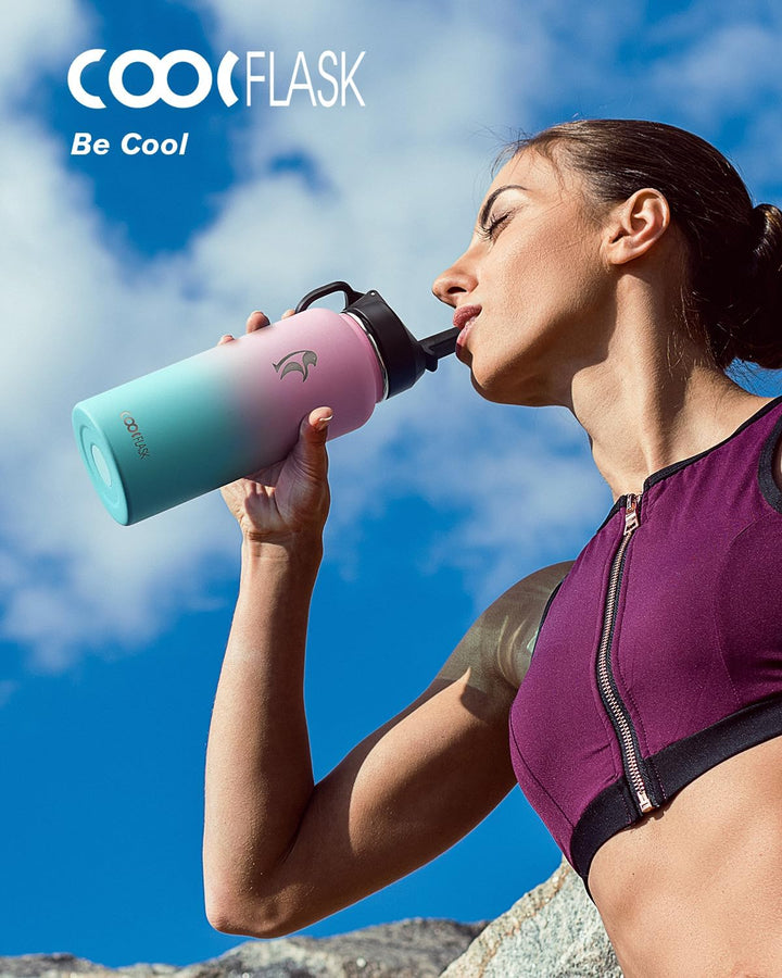 Coolflask Isolierte Wasserflasche 1L, Edelstahl Isolierte Wasserflasche mit Strohhalm & 3 Deckeln, D