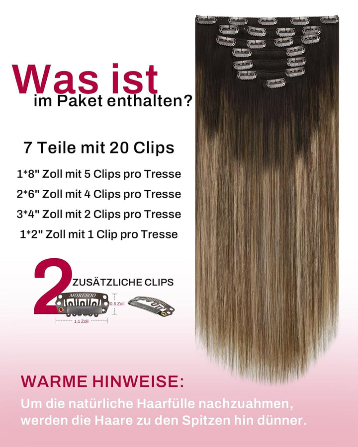 Moresoo Clip in Extensions Echthaar Balayage Braun mit Dunkelblond Remy Echthaar Extensions Clip 45c