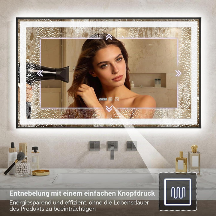 YU YUSING Badspiegel mit Beleuchtung 100x60cm, LED Wandspiegel mit Beschlagfrei, 3 Lichtfarben Dimmb