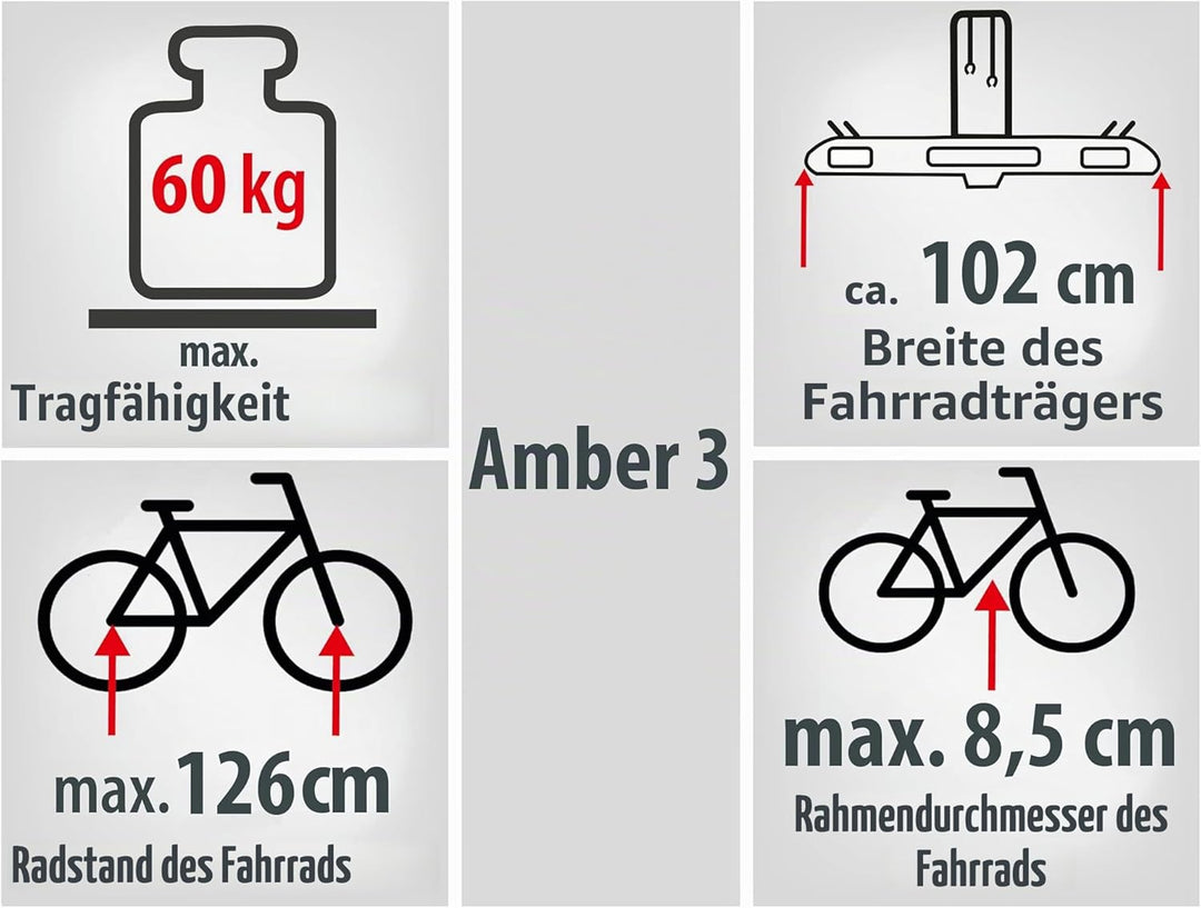 EUFAB 11555 Fahrradträger AMBER 3, E-Bike geeignet, teilweise vormontiert, Diebstahlschutz, für 3 Fa