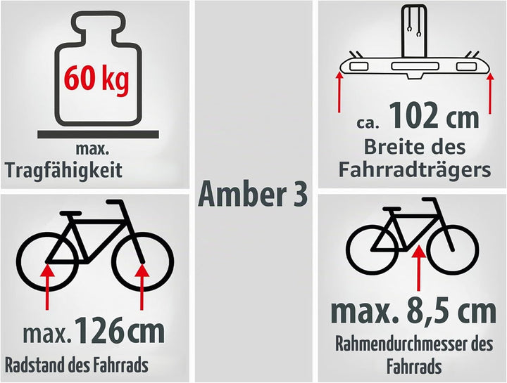 EUFAB 11555 Fahrradträger AMBER 3, E-Bike geeignet, teilweise vormontiert, Diebstahlschutz, für 3 Fa