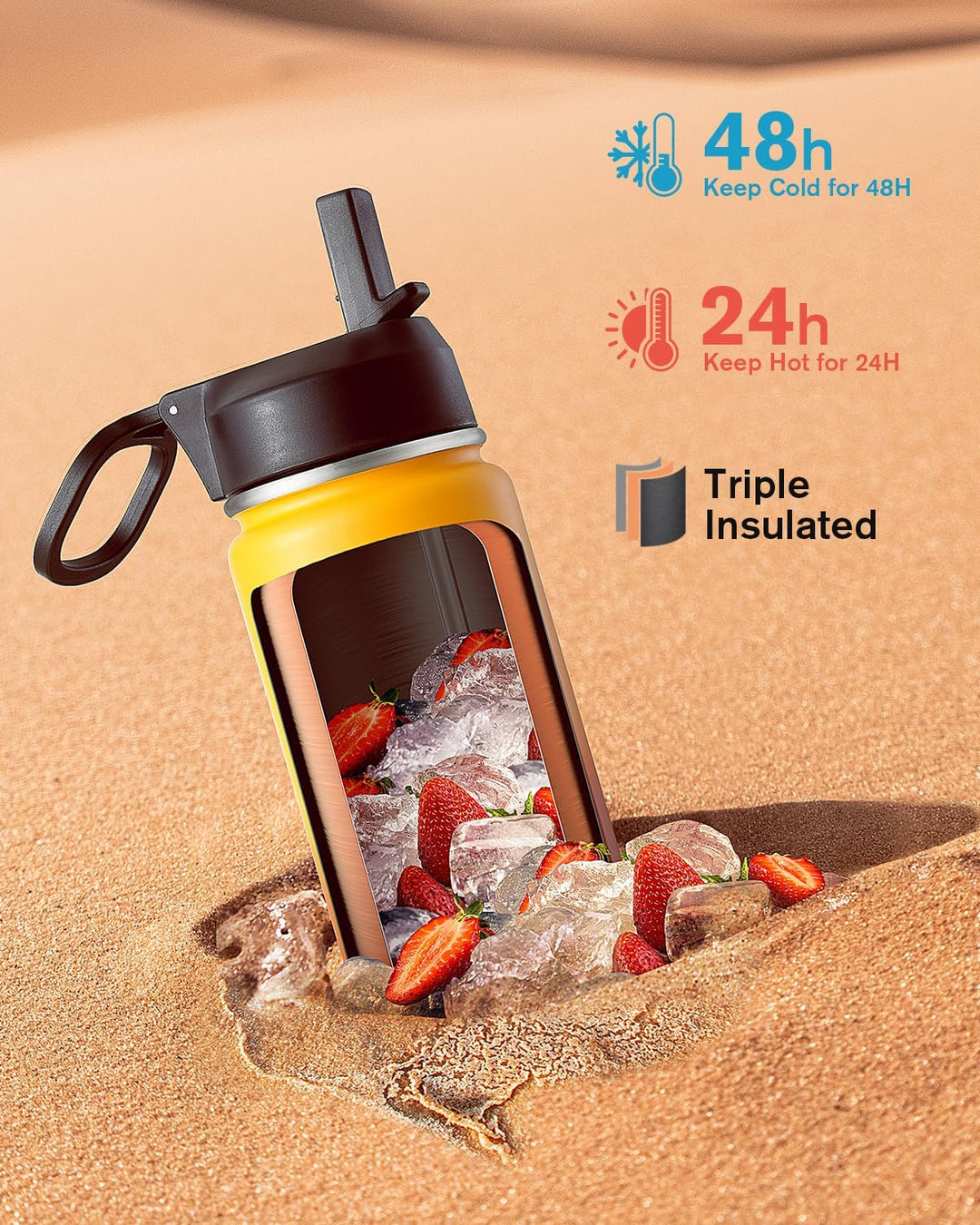 Coolflask Wasserflasche 20 oz isoliert mit Strohhalm, rostfreier Stahl Metall 3 Deckel Wasserflasche