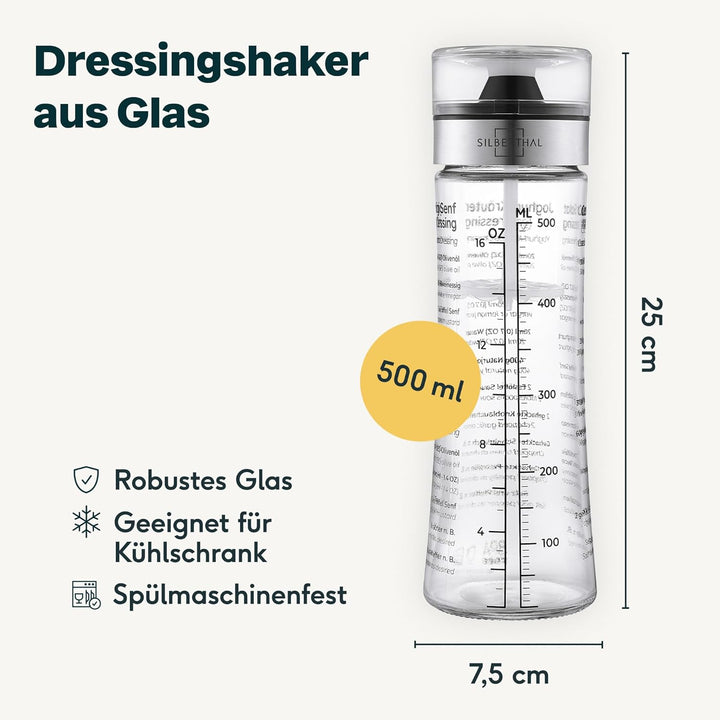 SILBERTHAL Dressingshaker aus Glas mit Rezepten – 500 ml – Spülmaschinenfest - Neuer Deckel & Neue R