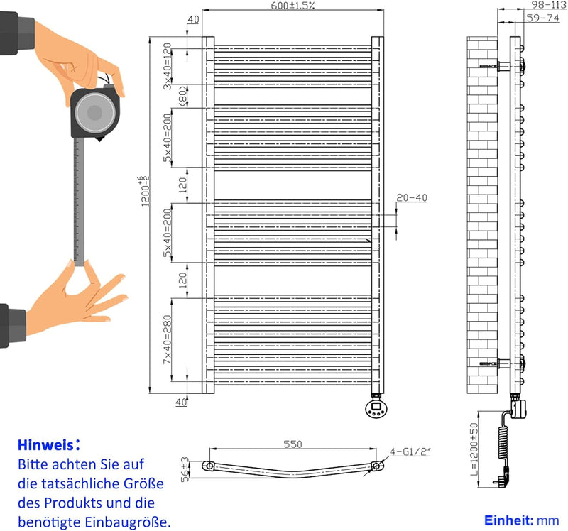 EMKE Badheizkörper Elektrisch 1200x600 mm, Gebogen Handtuchheizkörper Seitenanschluss Elektrischer H