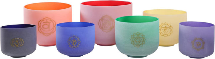 ENERGYSOUND 432 Hz 6-12 Inch Coloured Chakra Design Set of 7 Quartz Crystal Singing Bowl Healing & Y