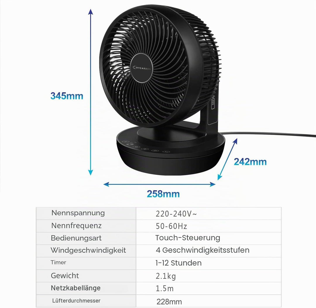 MYCARBON Ventilator Leise Turbo-Ventilator + 3D Luftumwälzer für 30m² |ECO-Mode Klimagerät-Effizienz