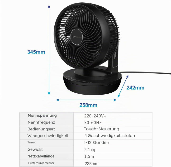 MYCARBON Ventilator Leise Turbo-Ventilator + 3D Luftumwälzer für 30m² |ECO-Mode Klimagerät-Effizienz