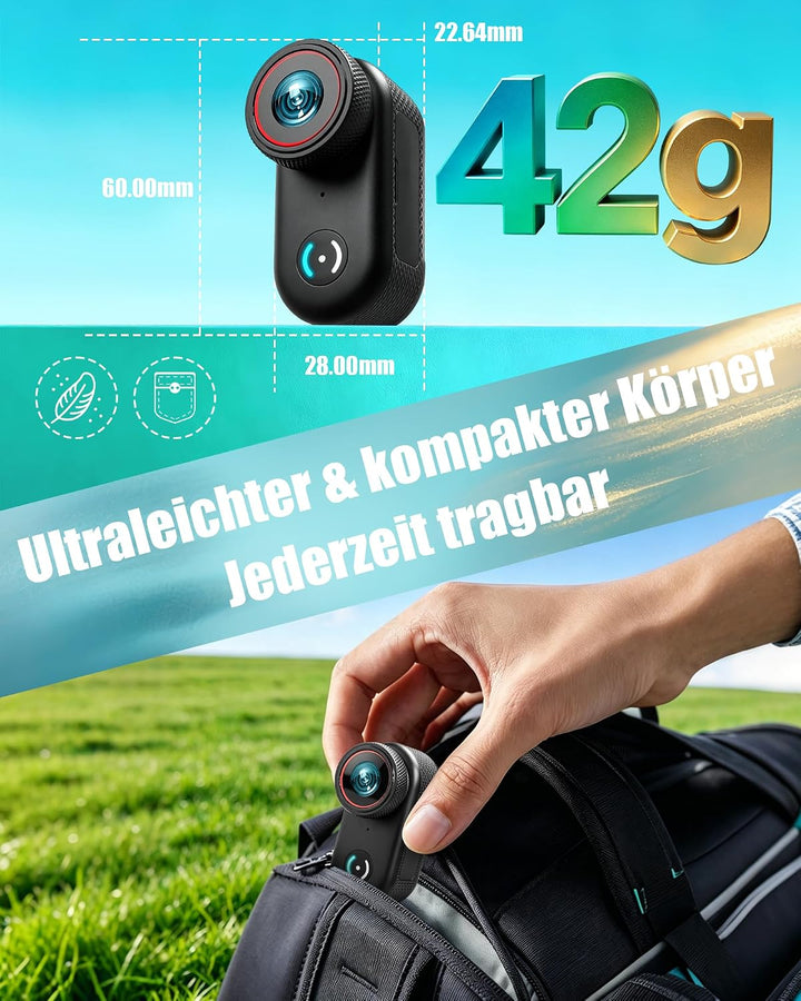 Mini Action Cam 4K, 1,47 Zoll Display Vlog Kamera, BodyCam Körperkamera mit WLAN, 140° Weitwinkel Mo