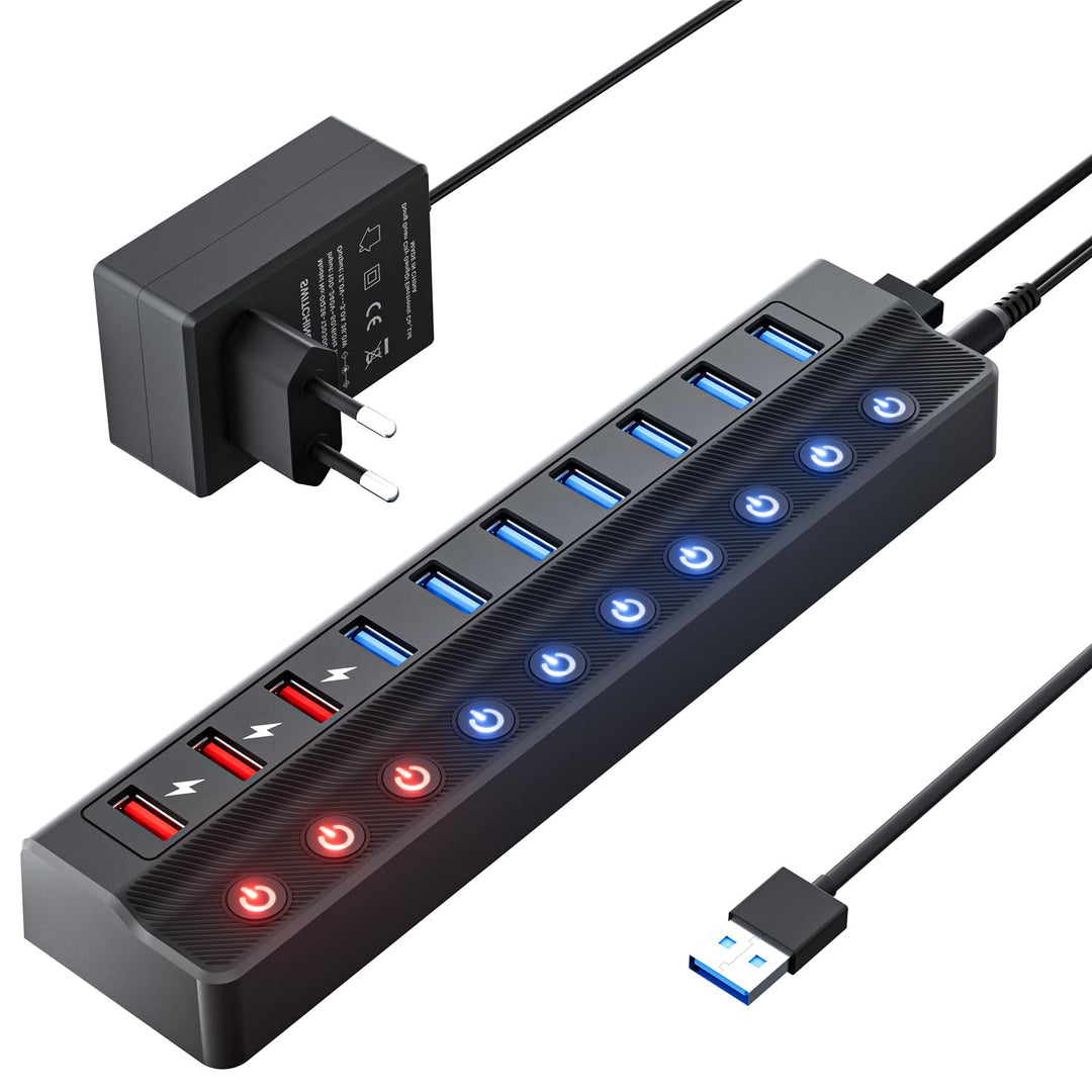 Ziumier USB Hub 3.0 Aktiv mit Netzteil, 10 Ports 36W USB Verteiler(3 Schnellladeanschlüsse + 7 USB H