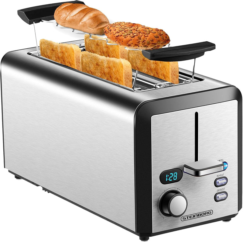 Toaster Langschlitz | 4 Scheiben Toastautomat | XXL | 1500 Watt | 6-Stufen Bräuneregler | Brötchenau