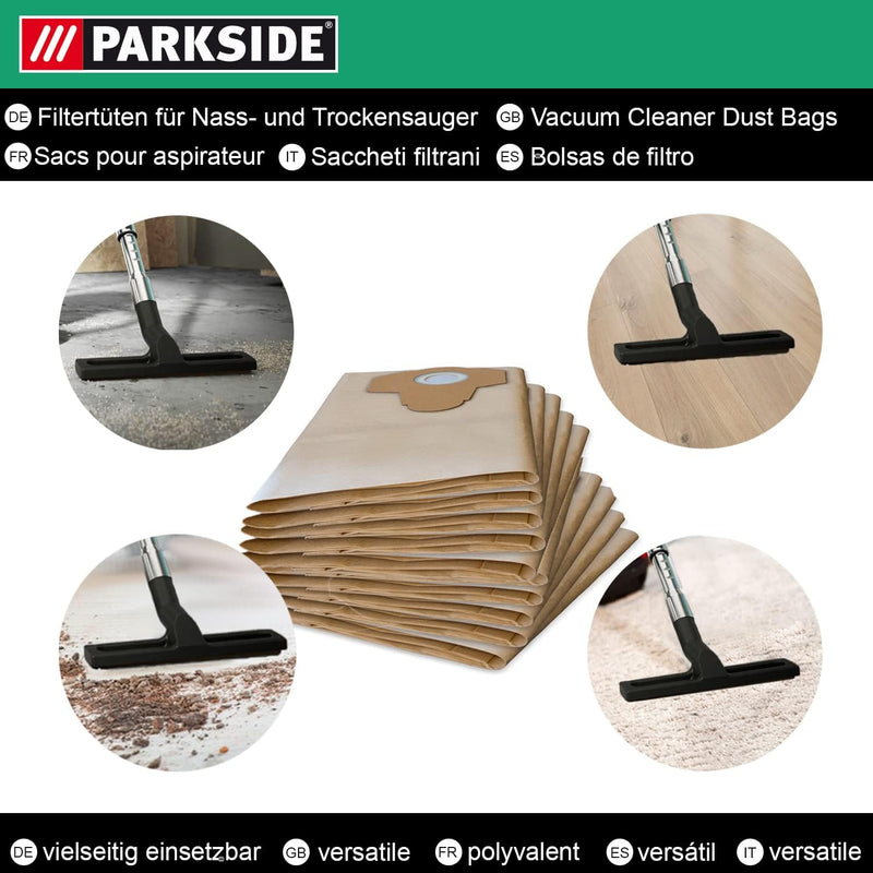 10 Original Parkside Lidl Staubsaugerbeutel für Nass-Trocken-Sauger PWD 25, 30, PNTS 23, 30, 1400, 1