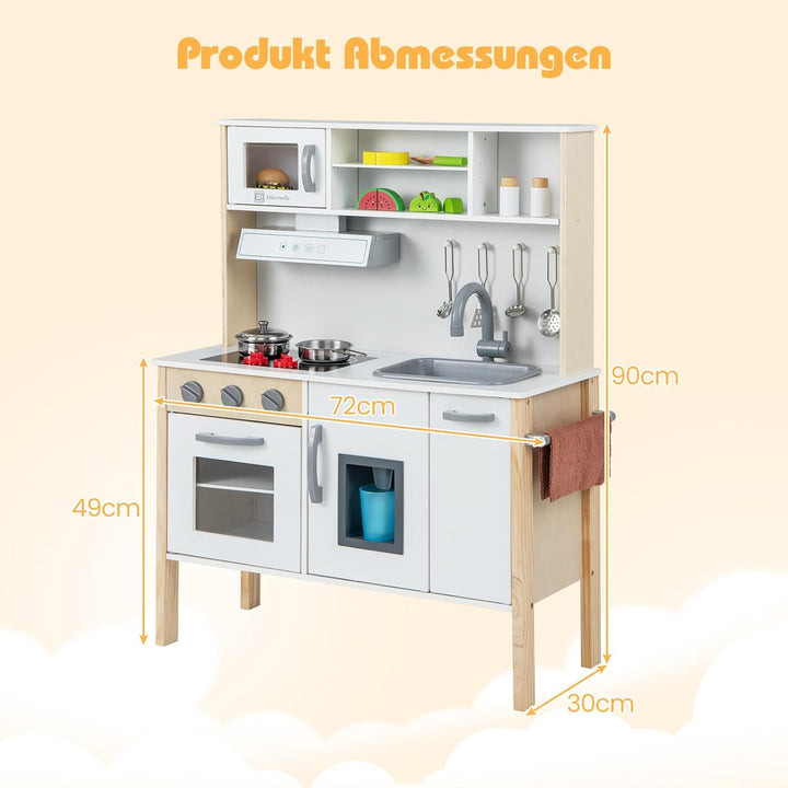 GOPLUS Kinderküche Holz, Kinderspielküche mit Mikrowelle, Spüle, Wasserhahn, Gasherde, Abzugshaube,