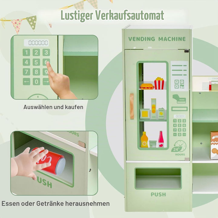 HOMASIS Kinder Kaufladen, Kaufmannsladen Holz mit 15 Zubehör, Verkaufsstand mit Seitentheke, Superma