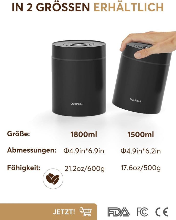 OUTPEAK Neo 2025 Kilo Auto-Vakuum-Kaffeedose, 1,5 l Fassungsvermögen für 500 ml Kaffeebohnen, Ein-Kn